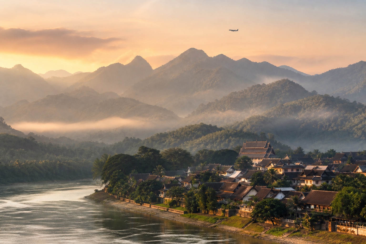 ภาพประกอบเมืองริมแม่น้ำท่ามกลางภูเขา