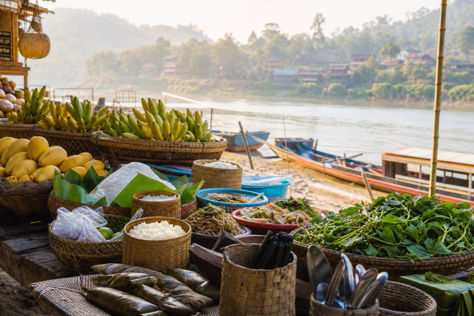 ภาพประกอบอาหาร ผลไม้ และข้าวเหนียวในตลาดริมแม่น้ำ