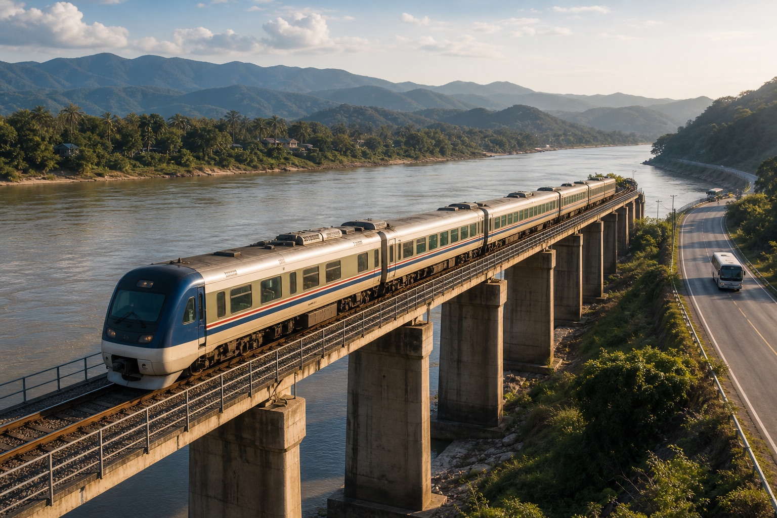 ภาพประกอบรถไฟข้ามสะพานและรถโดยสารบนเส้นทางเชื่อมต่อ